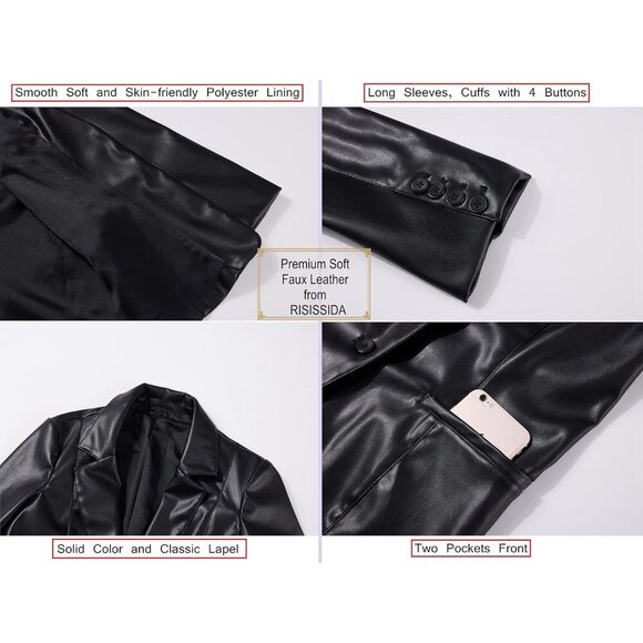 🆕 Women Black Faux Leather Blazer Jackets Spring Fashion Vegan Button Down Coat - Picture 4 of 6